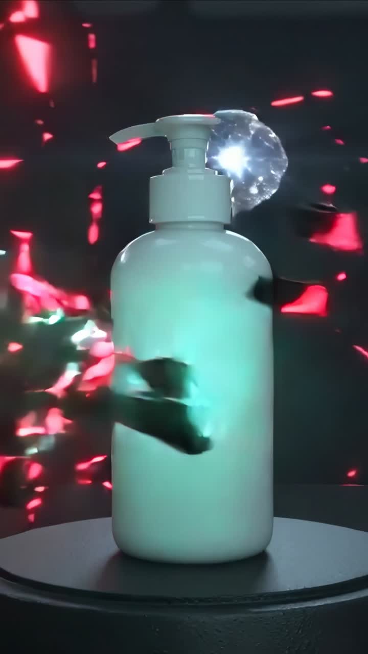 Vertical video: Glowing orb urging white pump bottle rotating on stand, showing pump top for reveal