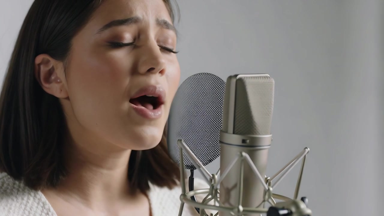 Vokalis wanita menyentuh pipi sambil menggenggam tangan, bernyanyi ke mikrofon dengan pop filter di studio untuk rekaman.