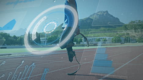 digital interface animation over athlete running on track with prosthetic leg