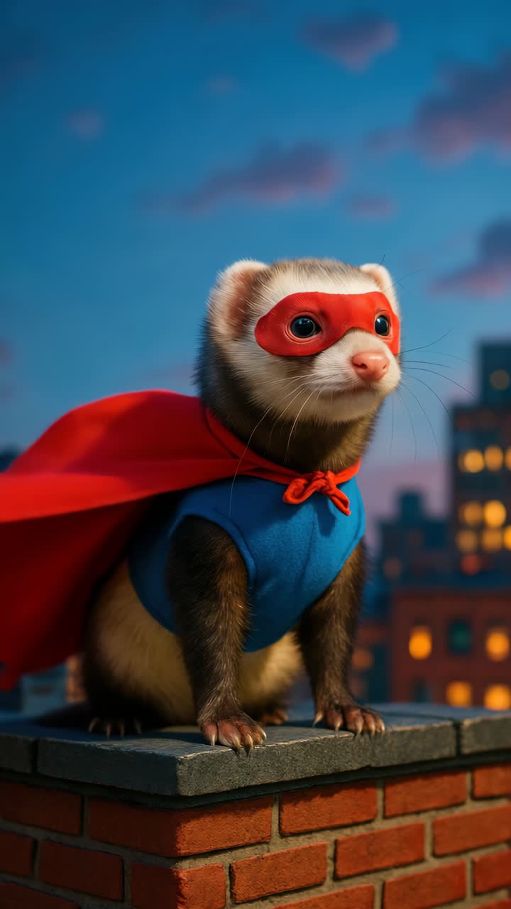 A superhero ferret in a red mask and cape, perched on a rooftop at dusk