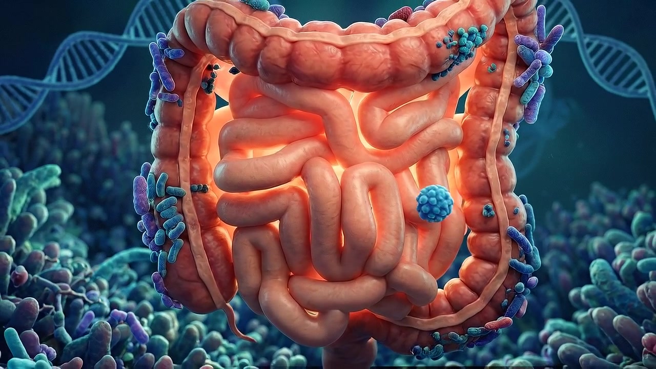3D Animation of Human Intestine with Microbiome and DNA Strands