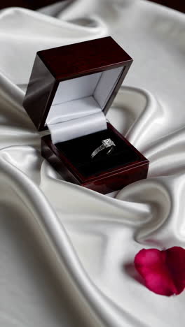 elegant engagement ring in a wooden box on satin