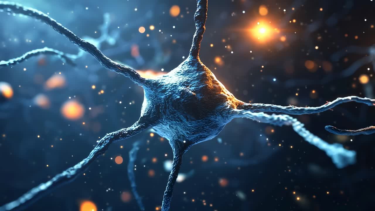 Close-up video of a neuron with glowing synapses, captured at a dynamic angle