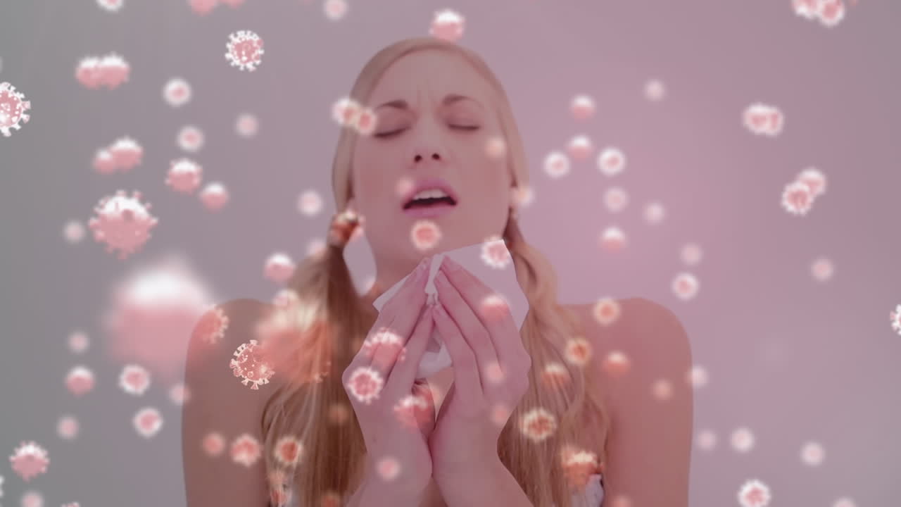 아프리카 코로나 바이러스 세포 위에 바이러스 세포를 흔드는 인간 얼굴 모델의 애니메이션