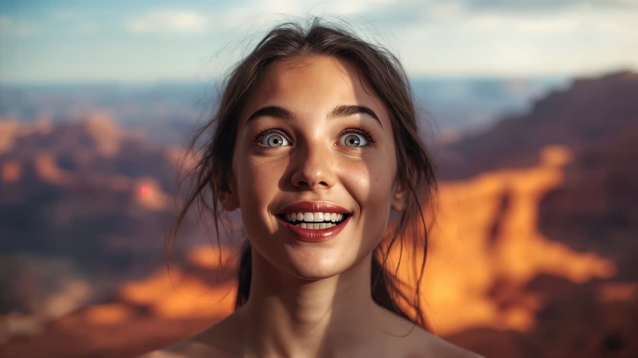 Smiling woman tracking shifting sunlight at canyon overlook, hair wisps and shadows moving