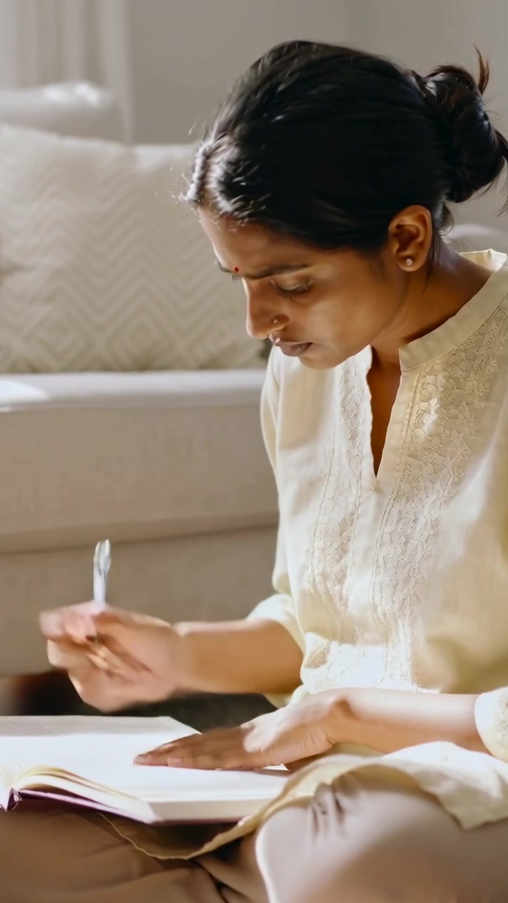 Video verticale: Donna in kurta che si prepara, con la penna in mano, scrive appunti sul pavimento vicino al divano con un quaderno.