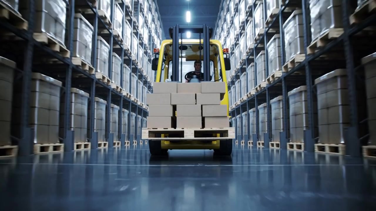 In partenza, operatore di carrello elevatore giallo che guida lungo il corridoio di un magazzino, trasportando un pallet di scatole