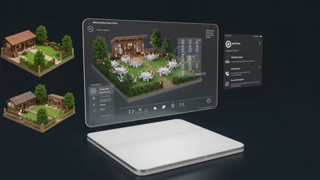 virtual landscape interface showcasing elegant outdoor dining space with modern design elements and interactive amenities for enhanced user experience