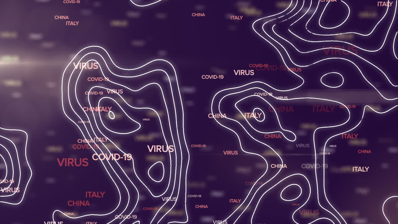 animación digital de la topografía sobre múltiples textos de concepto de covid-19 flotando en un fondo azul