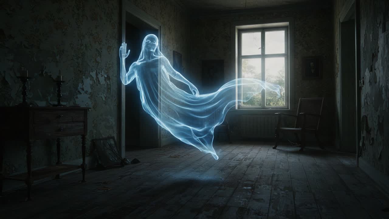 Mysterious Ethereal Presence Enchants an Abandoned Room as a Ghostly Figure Transitions from Serenity to Intrusion in an Unsettling Atmosphere of the Unknown