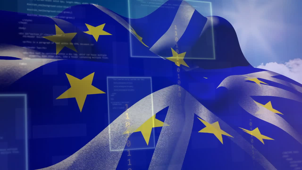 영국 발이 디지털 데이터와 코딩 애니메이션 위에 흔들리고 있습니다.