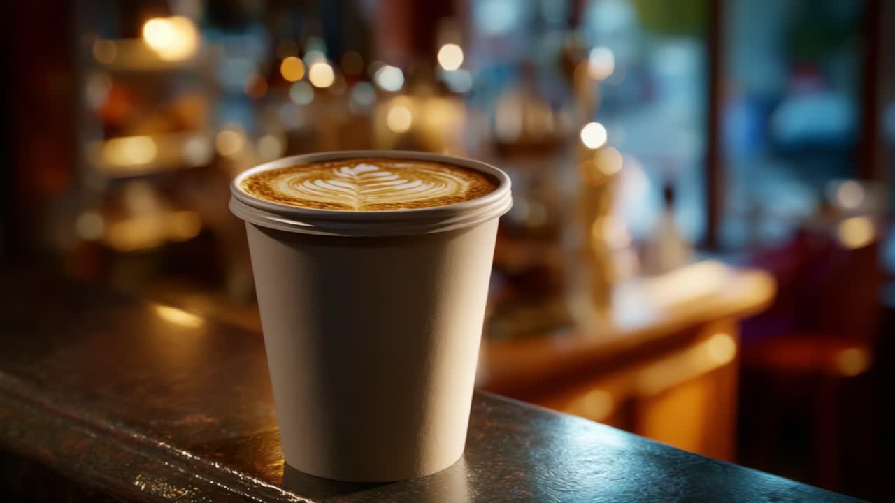 Primo piano di una tazza di caffè fumante con elaborata decorazione artistica sulla schiuma, ripresa nell'ambiente accogliente di un bar, illuminata da soffici luci sullo sfondo