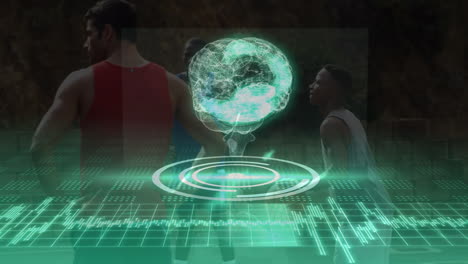 animación de giro del cerebro humano y procesamiento de datos en un juego de baloncesto