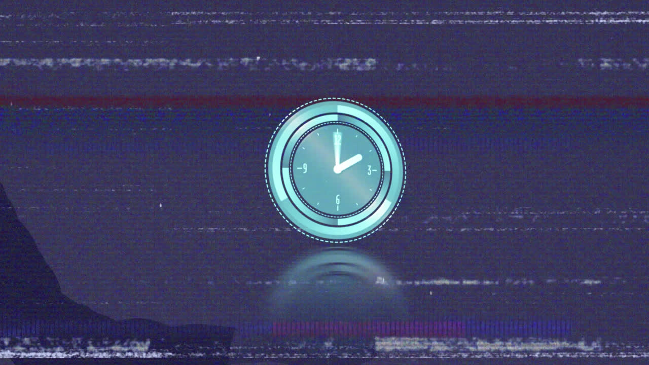 Animation of glitch effect over neon ticking clock against blue background