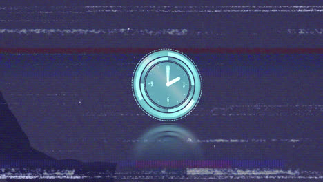 animation of glitch effect over neon ticking clock against blue background