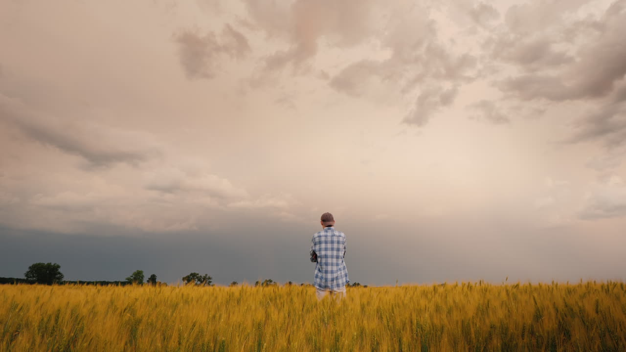 un joven agricultor está solo en un campo de trigo contra un cielo tormentoso