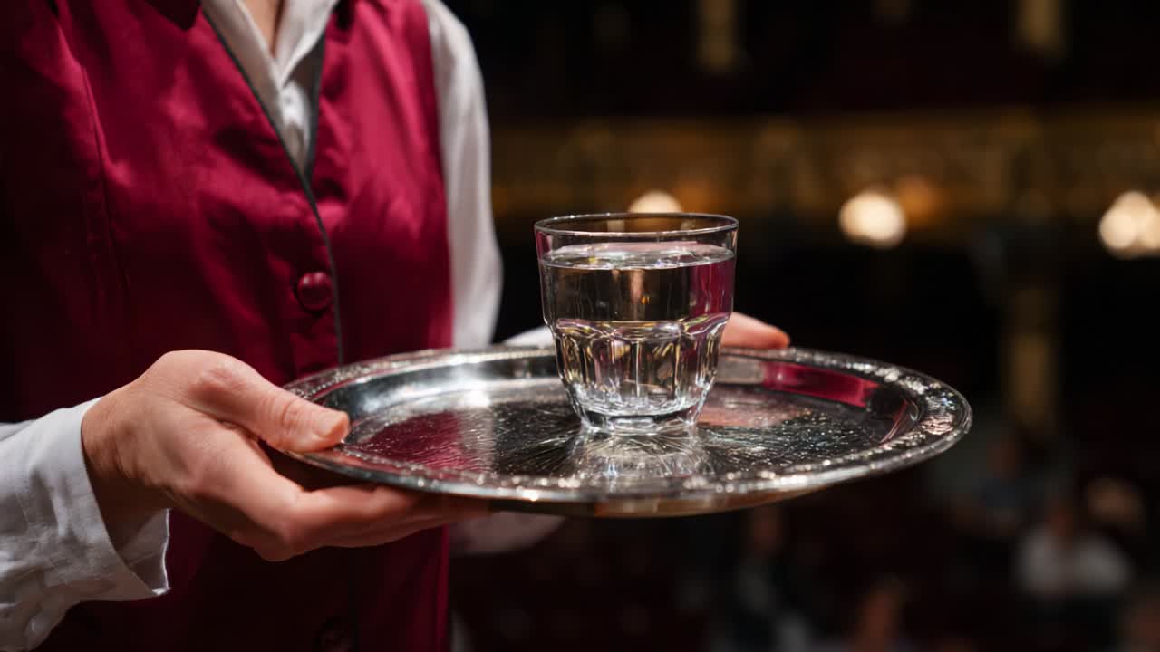 A hand elegantly holds a silver tray with a crystal-clear glass of water, showcasing the impeccable service in a sophisticated environment, inviting patrons to enjoy a refreshing drink amid the ambiance