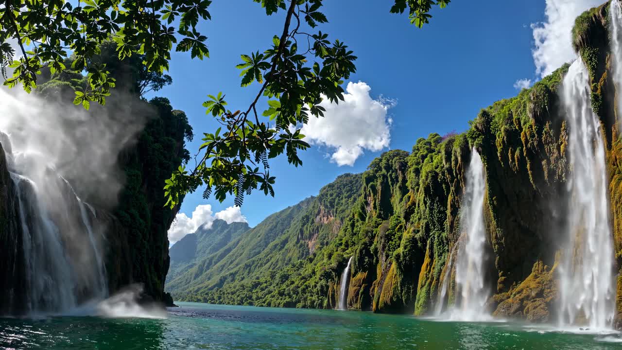 Un vídeo gran angular captura majestuosas cascadas que caen en un exuberante valle verde bajo un cielo despejado