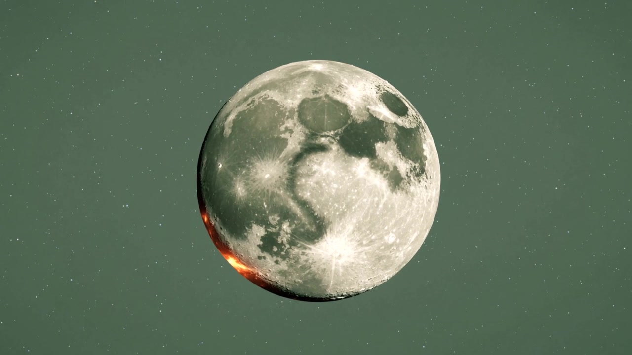 Showing cratered lunar sphere pulsing orange glow on left limb since first frame, muted green stars