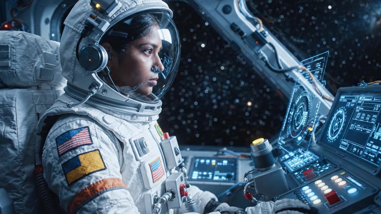 Een astronaut die geavanceerde bedieningselementen bedient in een ruimtevaartuig, omringd door de uitgestrektheid van de ruimte met fonkelende sterren op de achtergrond