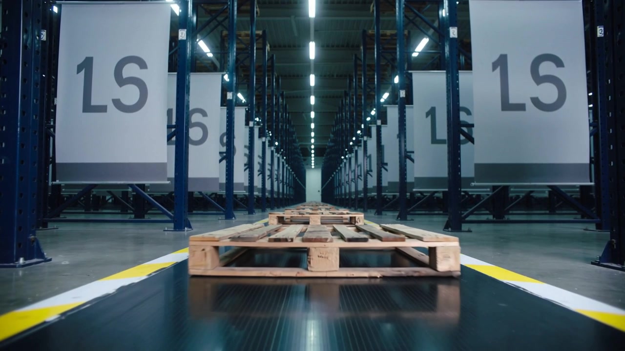 Nastro trasportatore in movimento che parte, trasportando un pallet di legno lungo il corridoio di un magazzino per un trasferimento automatizzato.