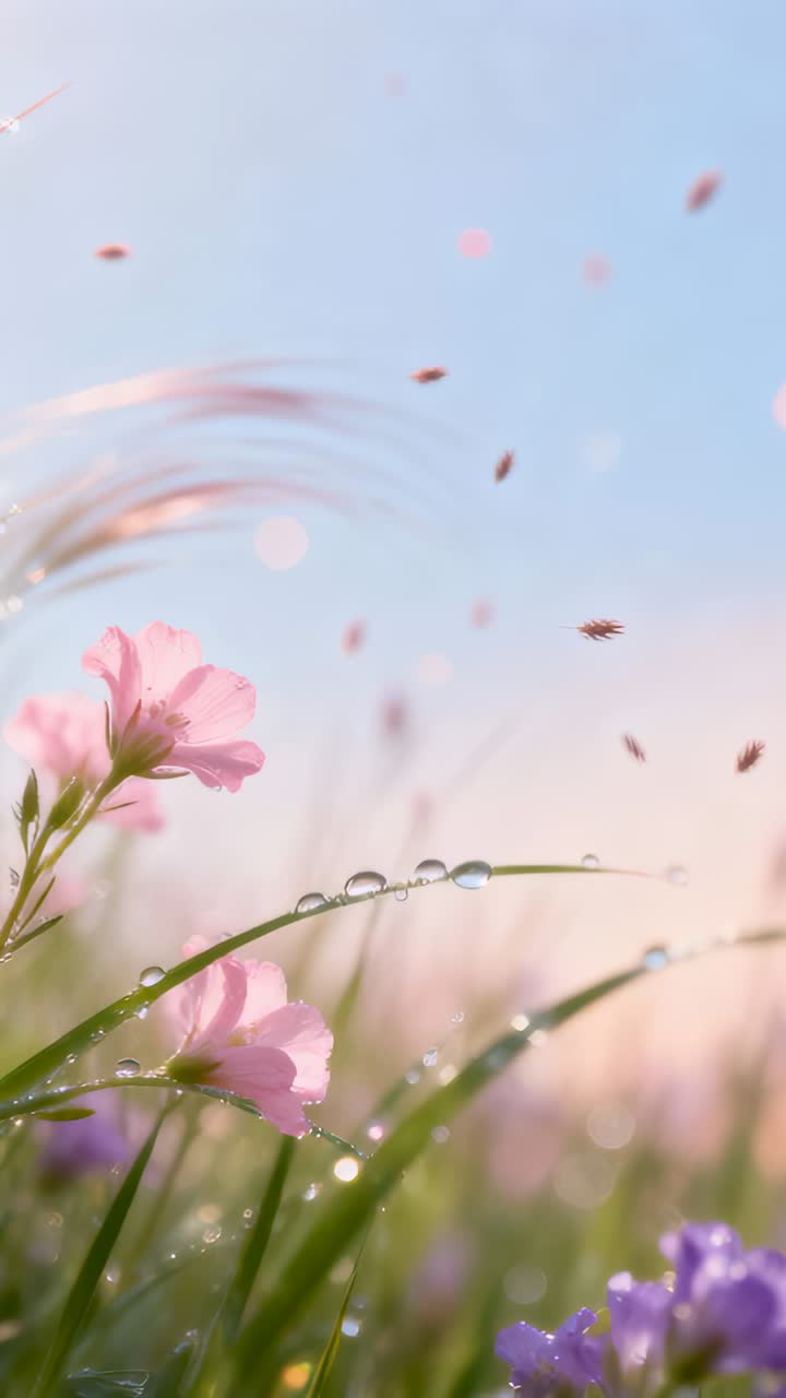 Vertical video: Swaying pink blooms and blade with dew by breeze in meadow at dawn, petals drifting