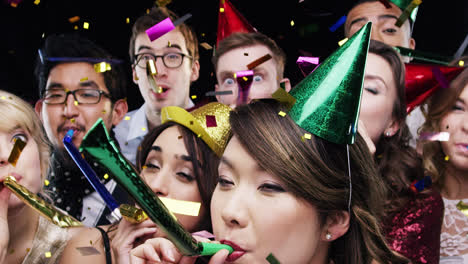 multi-ethnic group of people celebrating birthday party slow motion photo booth