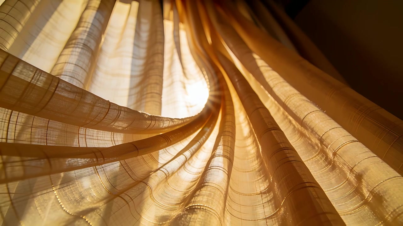 Billowing golden sheer curtain curling spiral near window at home, sunlight peeking, channeling sun