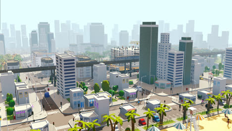 Low-poly-3d-animation-of-the-city-life.-Urban-aerial-view-of-the-city-block-with-skyscrapers,-offices,-shops-and-cars-driving-on-the-streets.-People-are-walking-on-the-crosswalks.