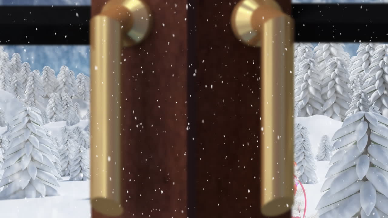 크리스마스 트리 위에 내리는 눈의 애니메이션과 창문을 통해 볼 수 있는 겨울 풍경