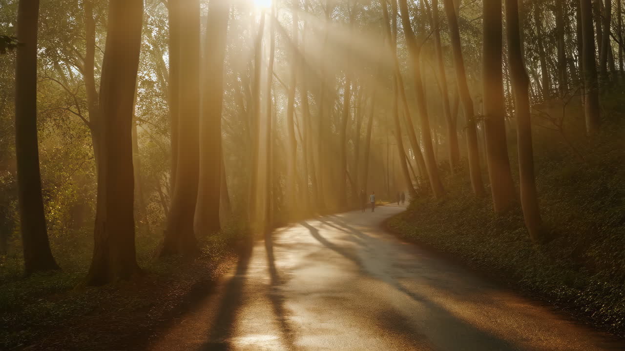 Sunbeams illuminating a misty forest path