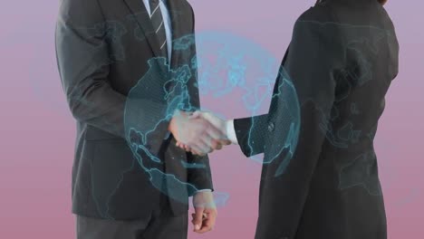 Spinning-globe-and-world-map-over-mid-section-of-businessman-and-businesswoman-shaking-hands