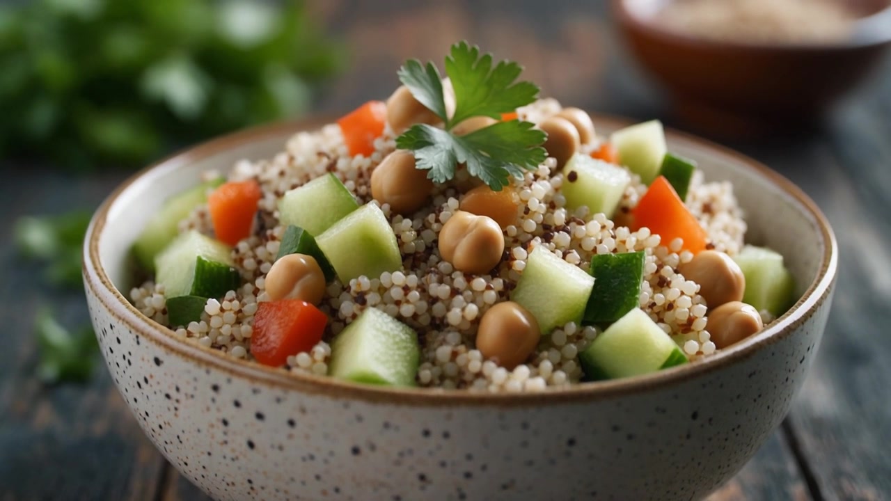 Bol de salade de quinoa saine aux pois chiches et légumes