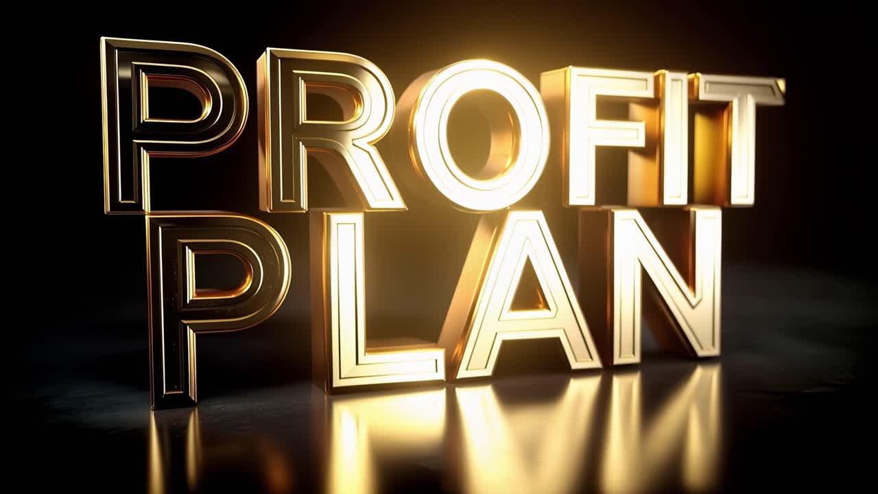 Golden letters spell "Profit Plan" with sharp, reflective edges. Light glows warmly, casting deep shadows behind. Surface beneath reflects the words with soft, polished shine
