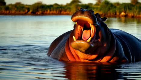 hippopotamus yawning in a river at sunset