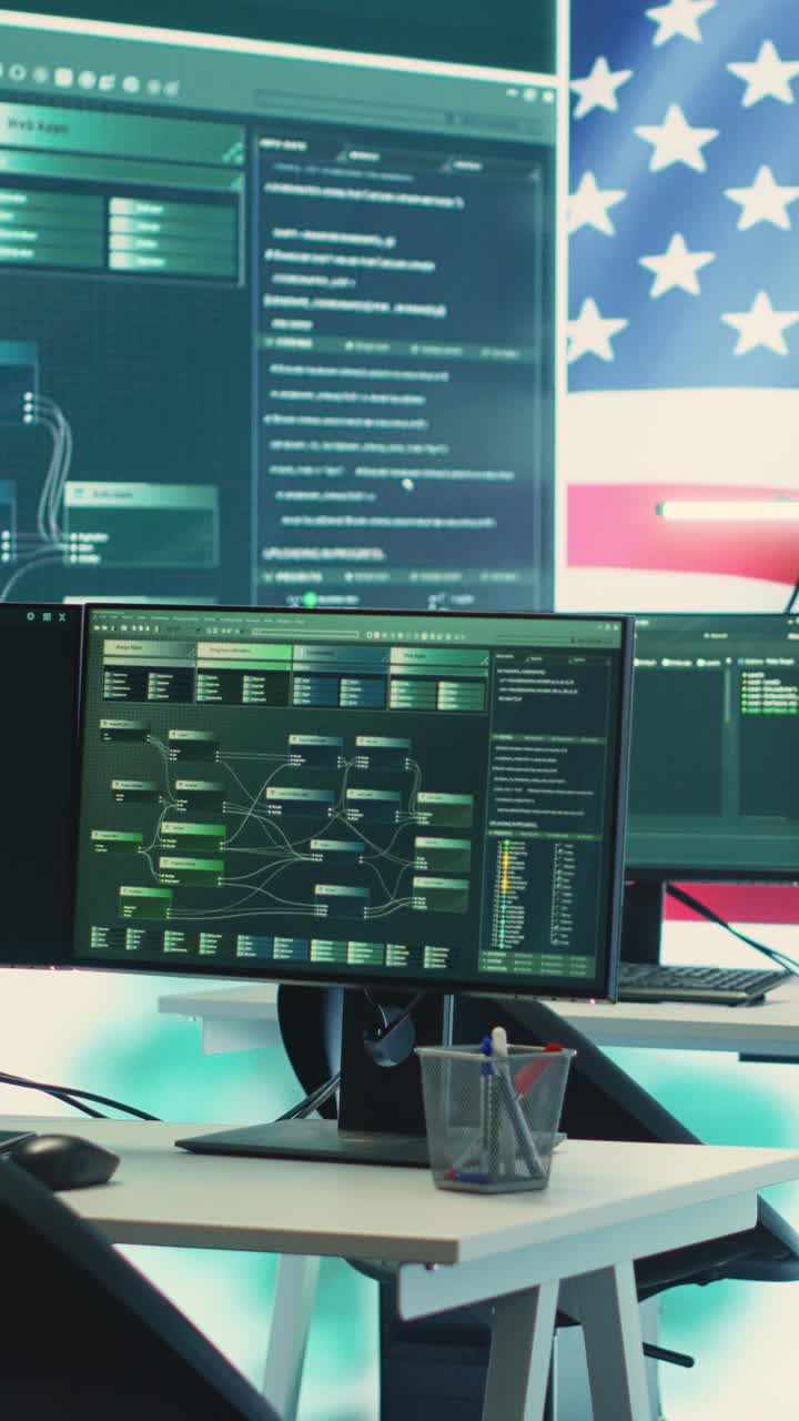 Tomt kontor med dataskjermer som viser kode og amerikansk flagg