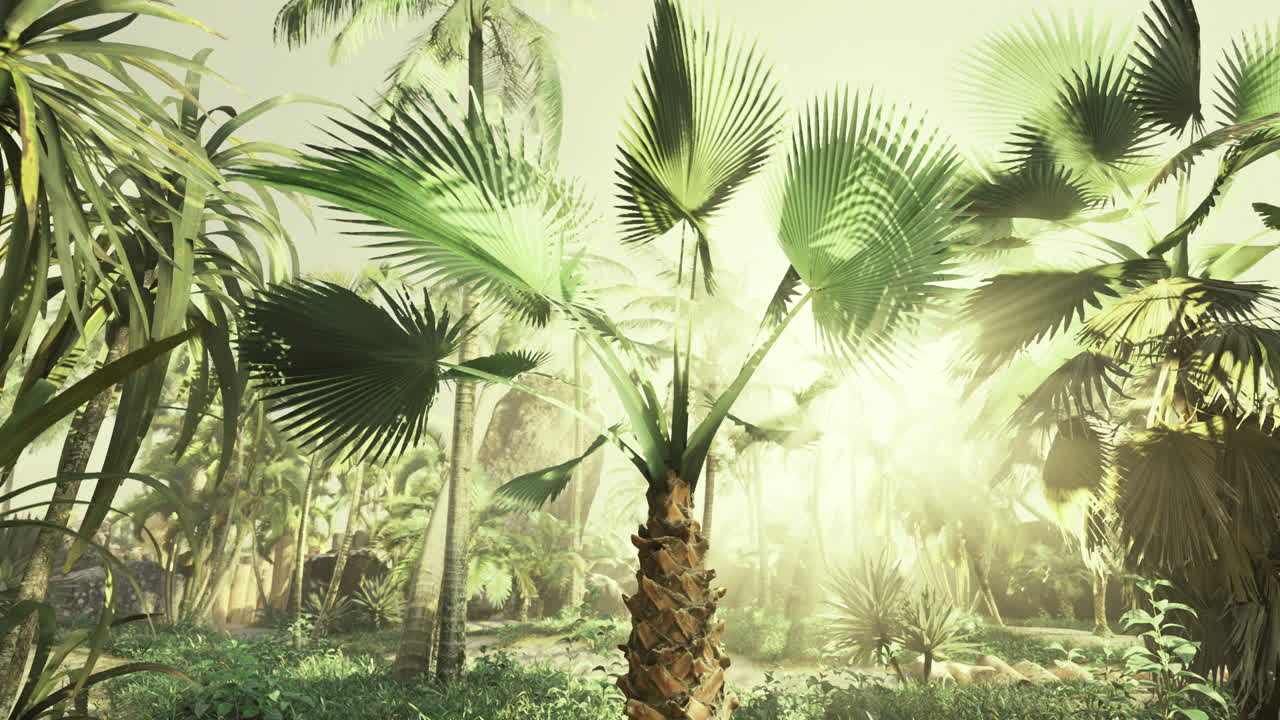 Sunlight filtering through lush leaves in a tranquil forest setting