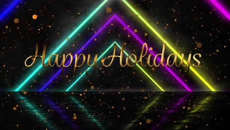 animation of happy holidays text over neon shapes and light spots on black background