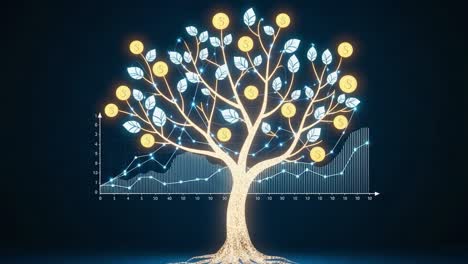 a stunning visual of a digital tree representing financial growth, illuminated by golden coins and graphs demonstrating increasing trends over time