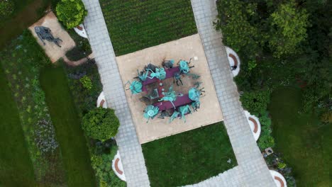 aerial view over the statues in front of the national theatre of bucharest, romania