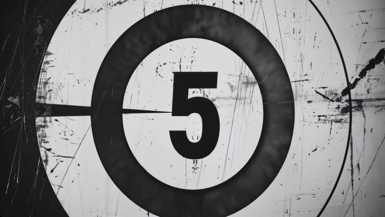 Vintage film countdown with a scratched texture, showing number 5