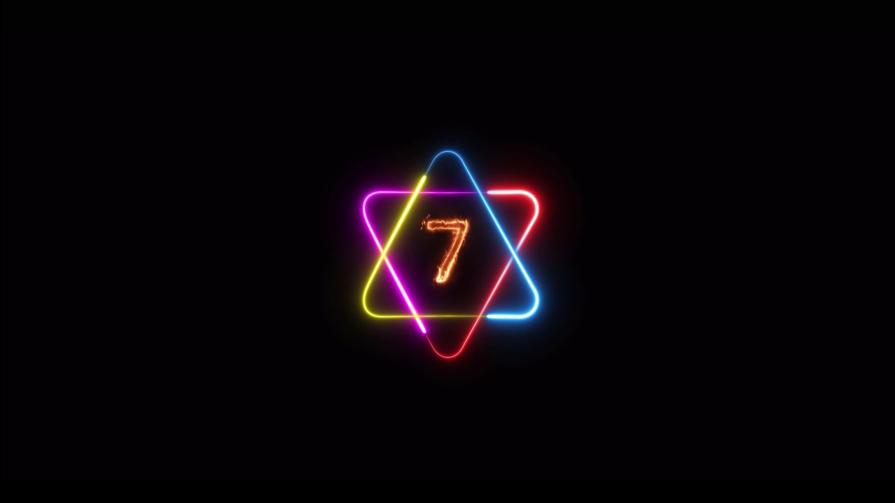 Conto alla rovescia con stella triangolare al neon colorata e numeri infuocati su sfondo nero
