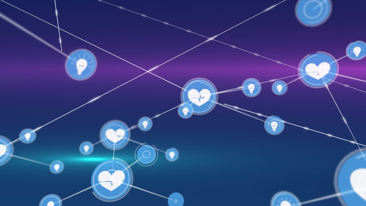 파란색 배경에 분홍색과 녹색 빛 트레일 위에 디지털 아이콘 네트워크의 애니메이션