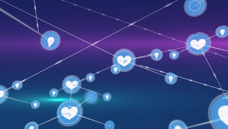 animación de una red de iconos digitales sobre senderos de luz rosa y verde contra un fondo azul