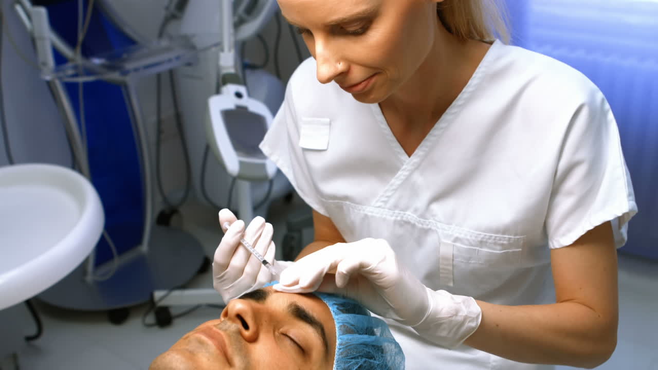 animación de moléculas con la enfermera y el paciente en el fondo