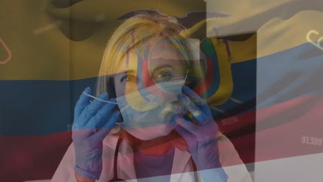 Animación-De-Números-Y-Bandera-Del-Ecuador-Sobre-Una-Doctora-Caucásica-Con-Mascarilla