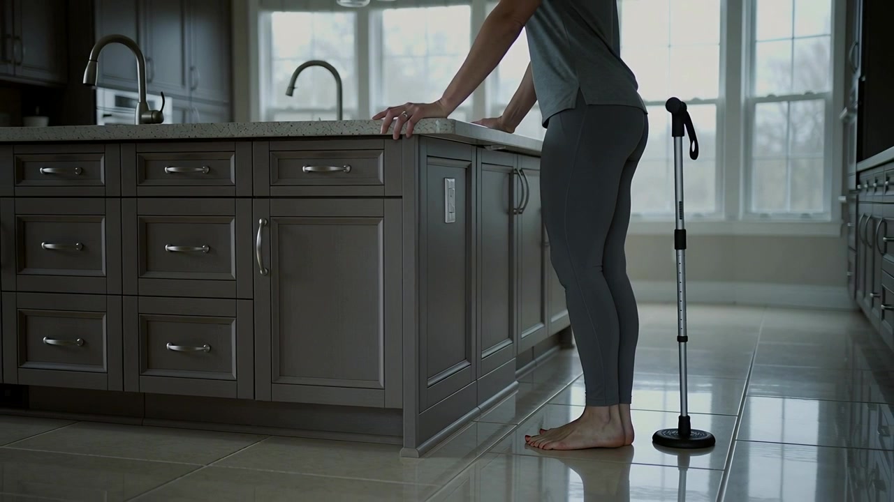 Starting holding countertop, woman in grey leggings doing heel lifts for balance walker, copy space