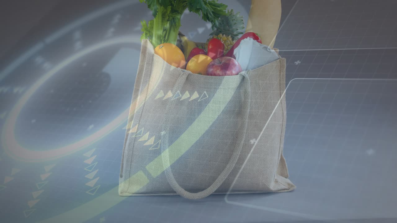 HUD elements sweeping over reusable grocery bag, triggered by halo, highlighting produce freshness