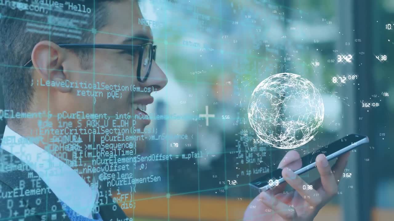 animación del globo y procesamiento de datos sobre un empresario caucásico que usa un teléfono inteligente