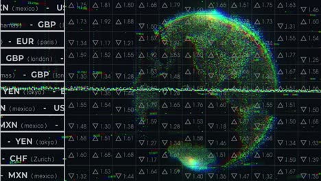 Animation-Der-Finanzdatenverarbeitung-über-Globus-Und-Dunklem-Hintergrund